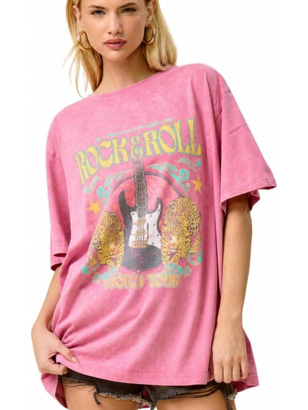 Oversized Vintage Graphic Tee - Mineral Washed Boho Casual Shirt, Large